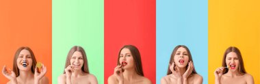 Set of beautiful young woman with unusual makeup on colorful background