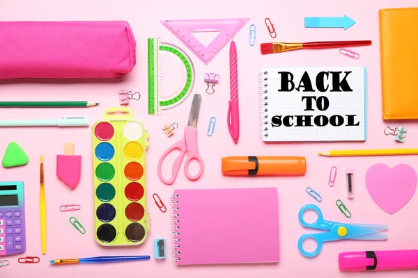 Different Stationery Pink Background Top View Back School — Stock Fotó