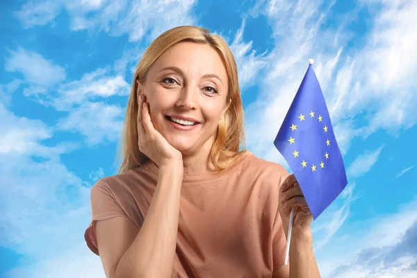 Beautiful Mature Woman Flag European Union Blue Sky —  Fotos de Stock