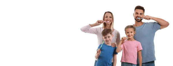 Portrait Happy Family Brushing Teeth White Background Space Text — Stockfoto