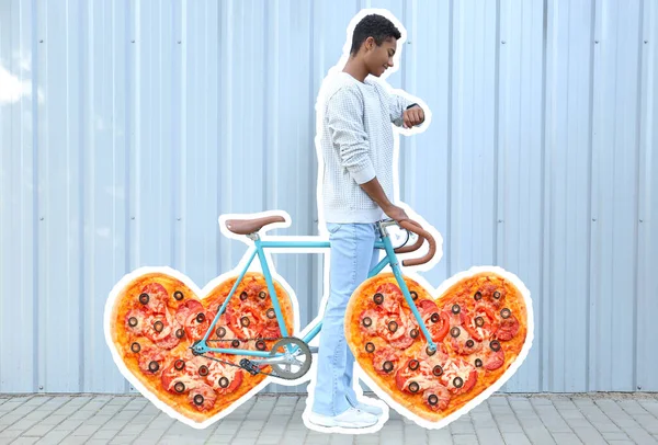 African American Teenage Boy Bicycle Heart Shaped Pizza Instead Wheels — Fotografia de Stock