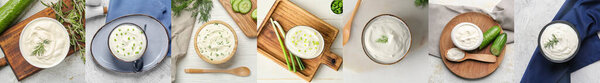 Set of tasty sour cream in bowls on light background, top view