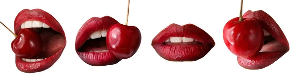 Set Beautiful Red Female Lips Cherry White Background — Stock Photo, Image