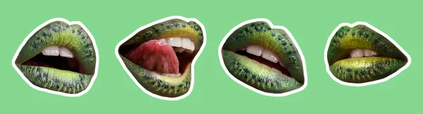 Set Beautiful Female Lips Kiwi Makeup Green Background — Stock Photo, Image