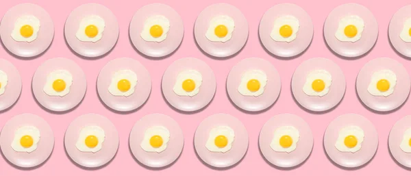 Many Plates Fried Eggs Pink Background Pattern Design — Fotografia de Stock