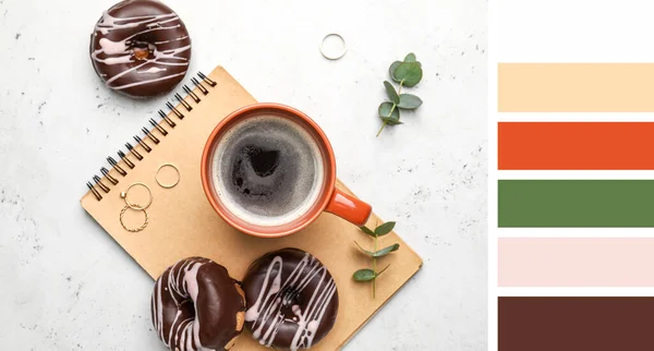 Notebook Cup Coffee Tasty Donuts Light Background Different Color Patterns — Stock Fotó
