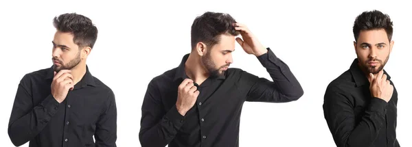 Set Handsome Young Man Stylish Hairdo Isolated White — Stock Photo, Image