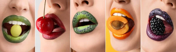 Collage Beautiful Unusual Lips Fruits Berries Closeup — Stockfoto