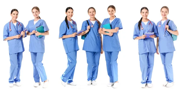 Conjunto Estudantes Medicina Femininas Isoladas Branco — Fotografia de Stock