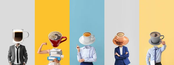 Set People Cups Hot Coffee Instead Heads Colorful Background — Stockfoto