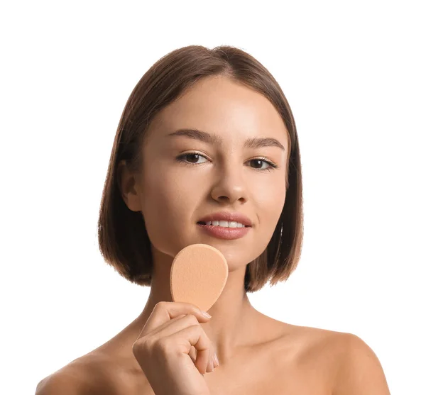 Pretty Young Woman Makeup Sponge White Background — Stockfoto
