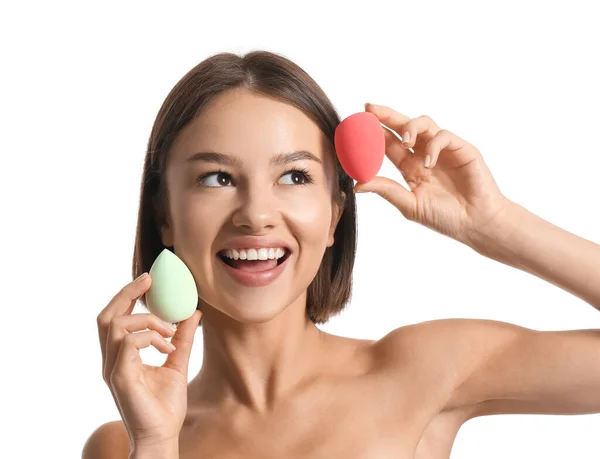Pretty Young Woman Makeup Sponges White Background — Stock Photo, Image