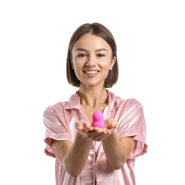 Pretty Young Woman Pink Makeup Sponge White Background — Foto Stock
