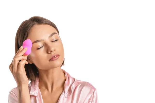 Pretty Young Woman Pink Makeup Sponge White Background — Stock Photo, Image