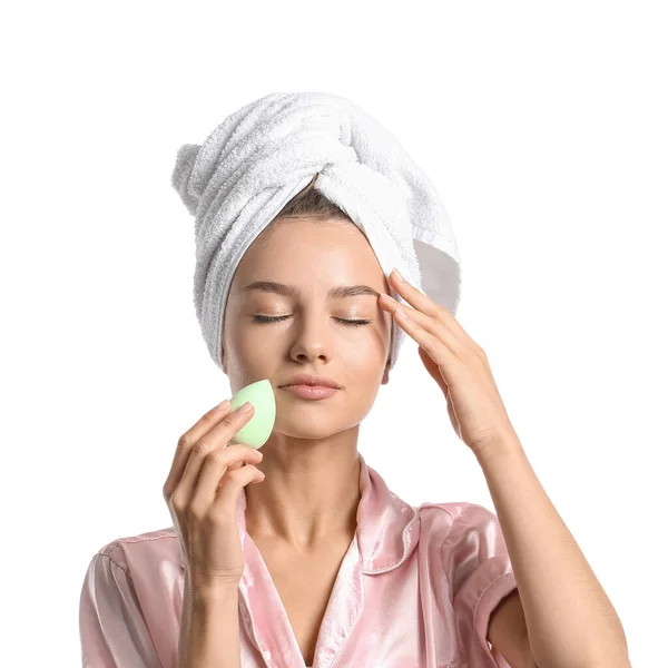 Pretty Young Woman Green Makeup Sponge White Background — Stock Photo, Image