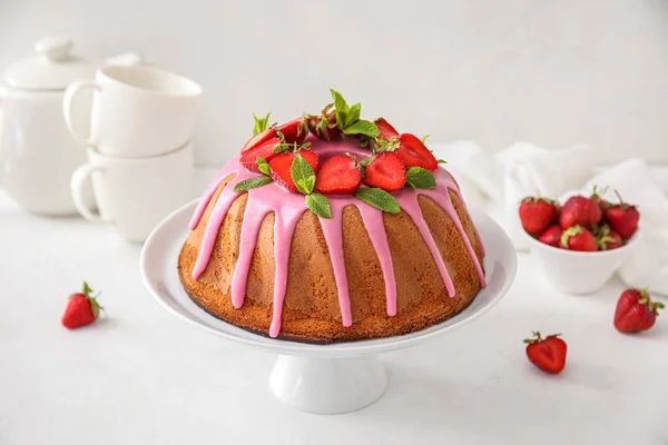 Dessert Stand Tasty Strawberry Cake Light Background — 스톡 사진
