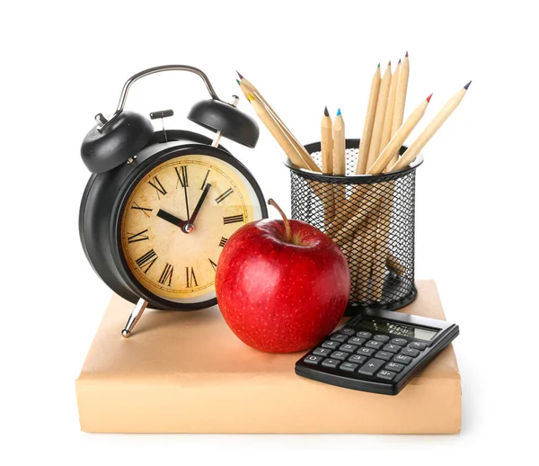 Book Apple Pencils Calculator Alarm Clock White Background — 스톡 사진