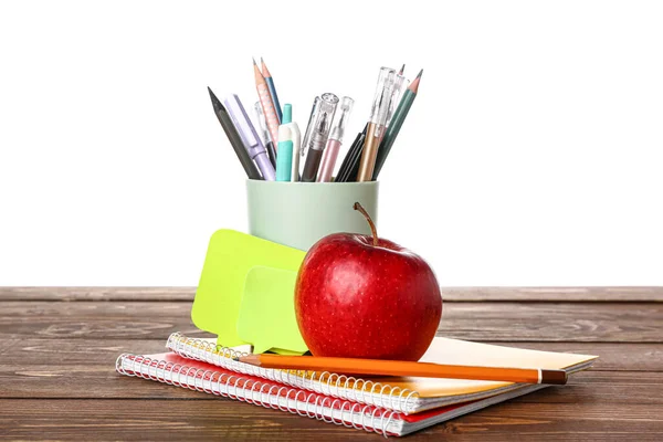 School Stationery Apple Wooden Table White Background — kuvapankkivalokuva