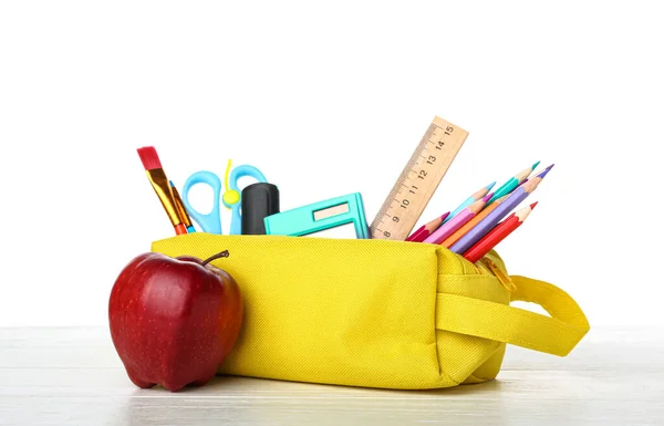 Pencil Case School Stationery Apple Table White Background — 스톡 사진