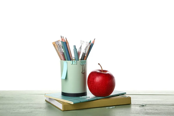 School Stationery Apple Table White Background — Stock Fotó