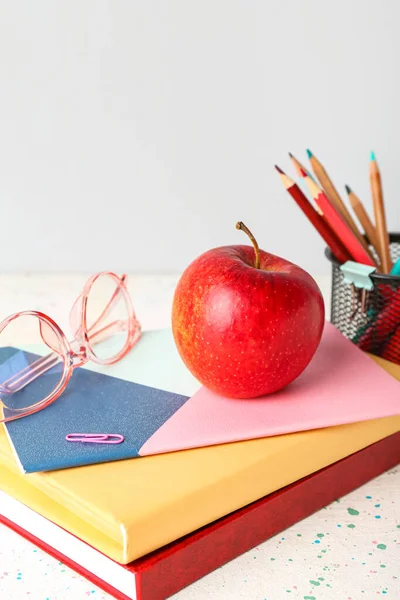 School Stationery Apple Eyeglasses Table Grey Background — Stock Fotó