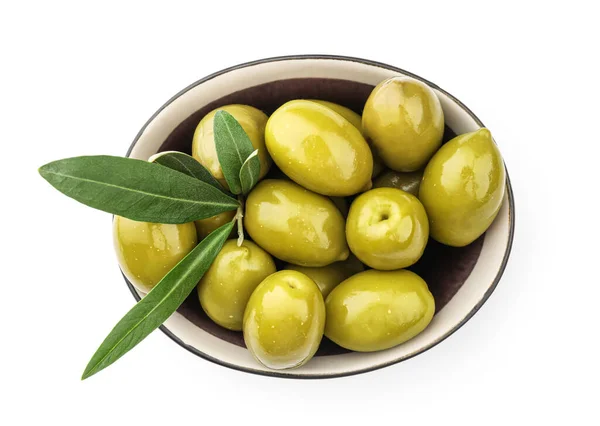 Bowl Delicious Green Olives White Background — Stock Photo, Image