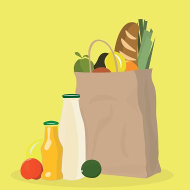 Sarı arka planda ürünleri olan bir poşet.