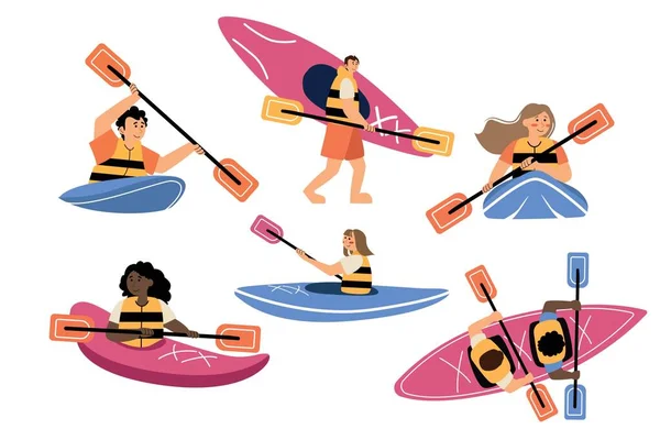 Set of kayaking people on white background