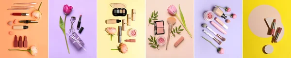 Zestaw Kosmetyków Makijażu Akcesoriami Kwiatami Tle Koloru — Zdjęcie stockowe