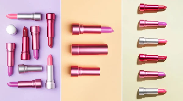 Set Van Moderne Lippenstift Kleur Achtergrond Bovenaanzicht — Stockfoto