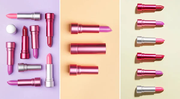 Set Modern Lipsticks Color Background Top View — ストック写真