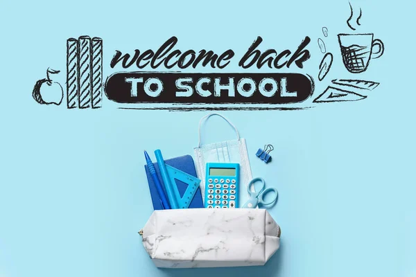 Pencil case with stationery and text WELCOME BACK TO SCHOOL on light blue background