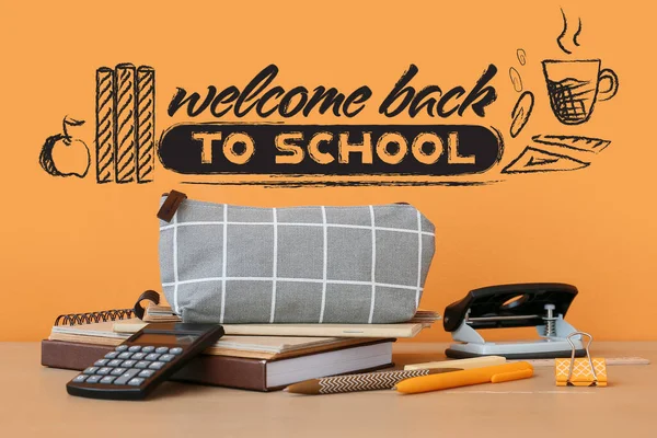 Pencil Case Stationery Text Welcome Back School Orange Background — ストック写真