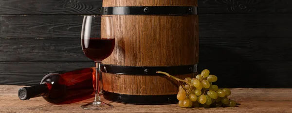 Barrel Bottle Glass Wine Wooden Background — Foto de Stock