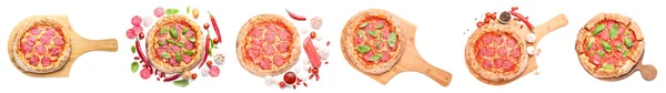Набор Вкусной Пиццы Пепперони Белом Фоне Вид Сверху — стоковое фото