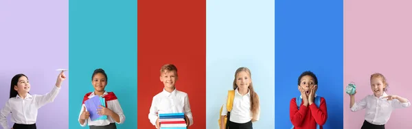 Conjunto Pequeños Estudiantes Lindos Sobre Fondo Colorido —  Fotos de Stock