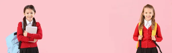 Cute Little Schoolgirls Pink Background Space Text — Zdjęcie stockowe