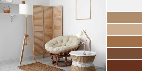 Interior Stylish Living Room Armchair Lamps Folding Screen Wicker Coffee — ストック写真