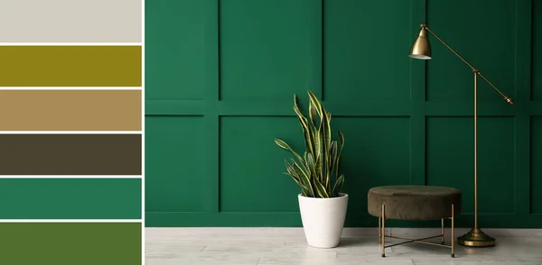 Modern Floor Lamp Houseplant Pouf Green Wall Different Color Patterns — ストック写真
