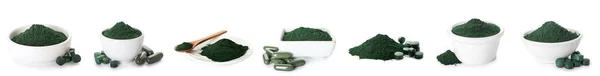 Collage Green Spirulina Powder Pills White Background — Fotografia de Stock