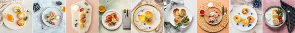 Collage Tasty Cottage Cheese Pancakes Top View — Stockfoto