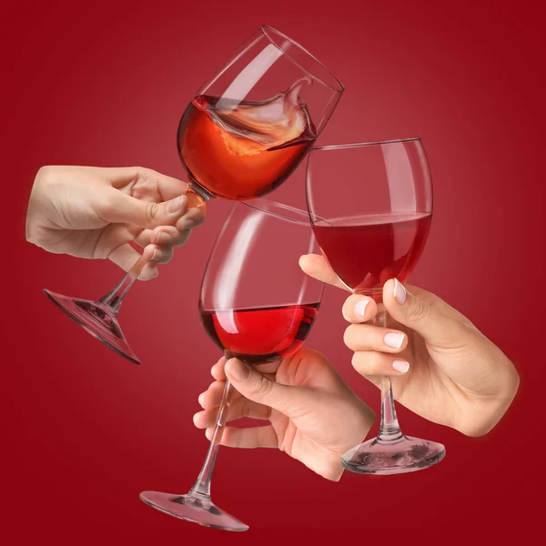 Hands Glasses Tasty Wine Red Background — Stock Fotó