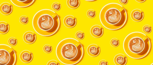 Many Cups Coffee Yellow Background Pattern Design — 스톡 사진
