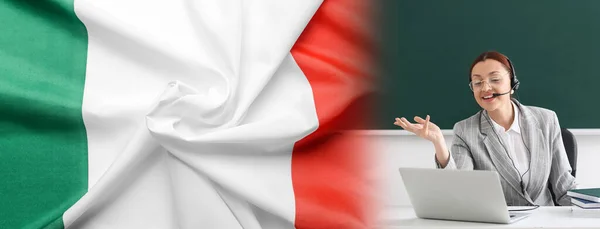 Collage Female Teacher Conducting Lesson Online Flag Italy — Foto de Stock