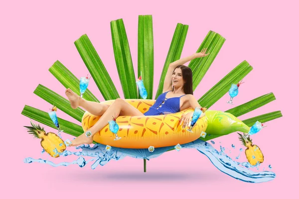 Summer Collage Happy Young Woman Inflatable Ring Tropical Leaf Pineapple — Foto de Stock