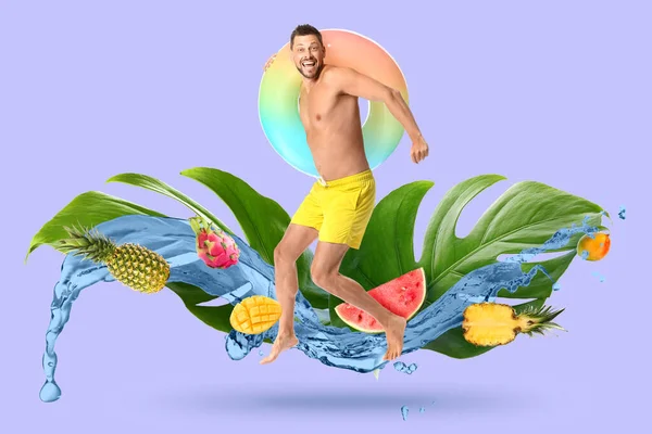 Summer Collage Happy Jumping Man Inflatable Ring Tropical Leaves Fruits — Stockfoto
