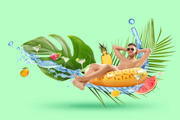 Summer Collage Relaxing Man Inflatable Ring Tropical Leaves Fruits Cocktails — 图库照片