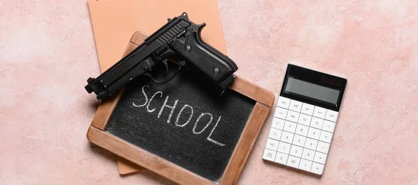 Pistol Chalkboard Calculator Color Background Concept School Shooting — Stock Photo, Image