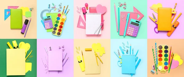 Set School Stationery Colorful Background Top View — 스톡 사진