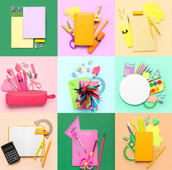 Set School Stationery Colorful Background Top View —  Fotos de Stock